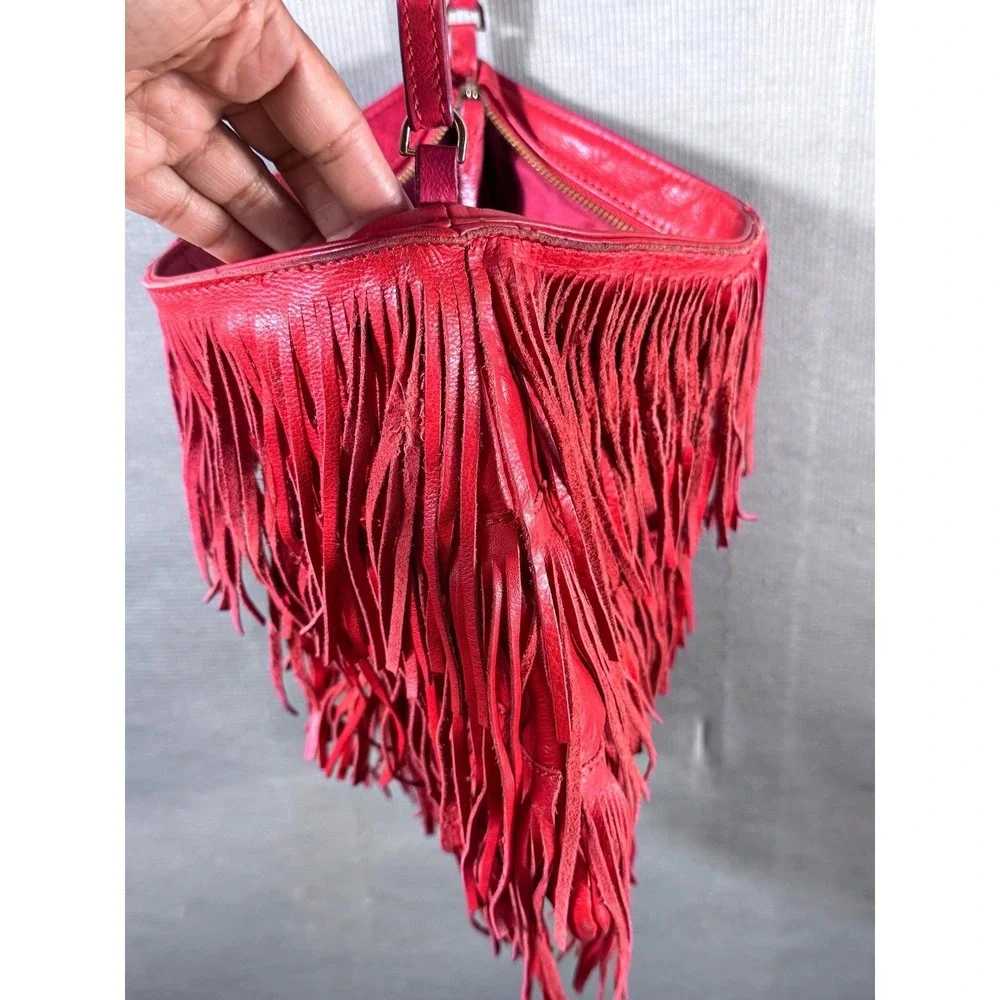 Zara Woman Red Genuine Leather Fringe Bohemian Crossbody